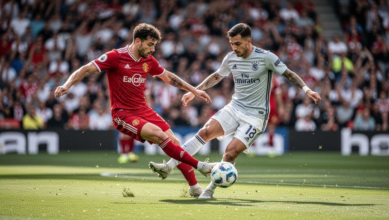 Two soccer teams engage in a fierce struggle for ball possession on a manicured grass pitch. Focused players display sheer determination as the blurred crowd watches from the sunlit stadium stands.