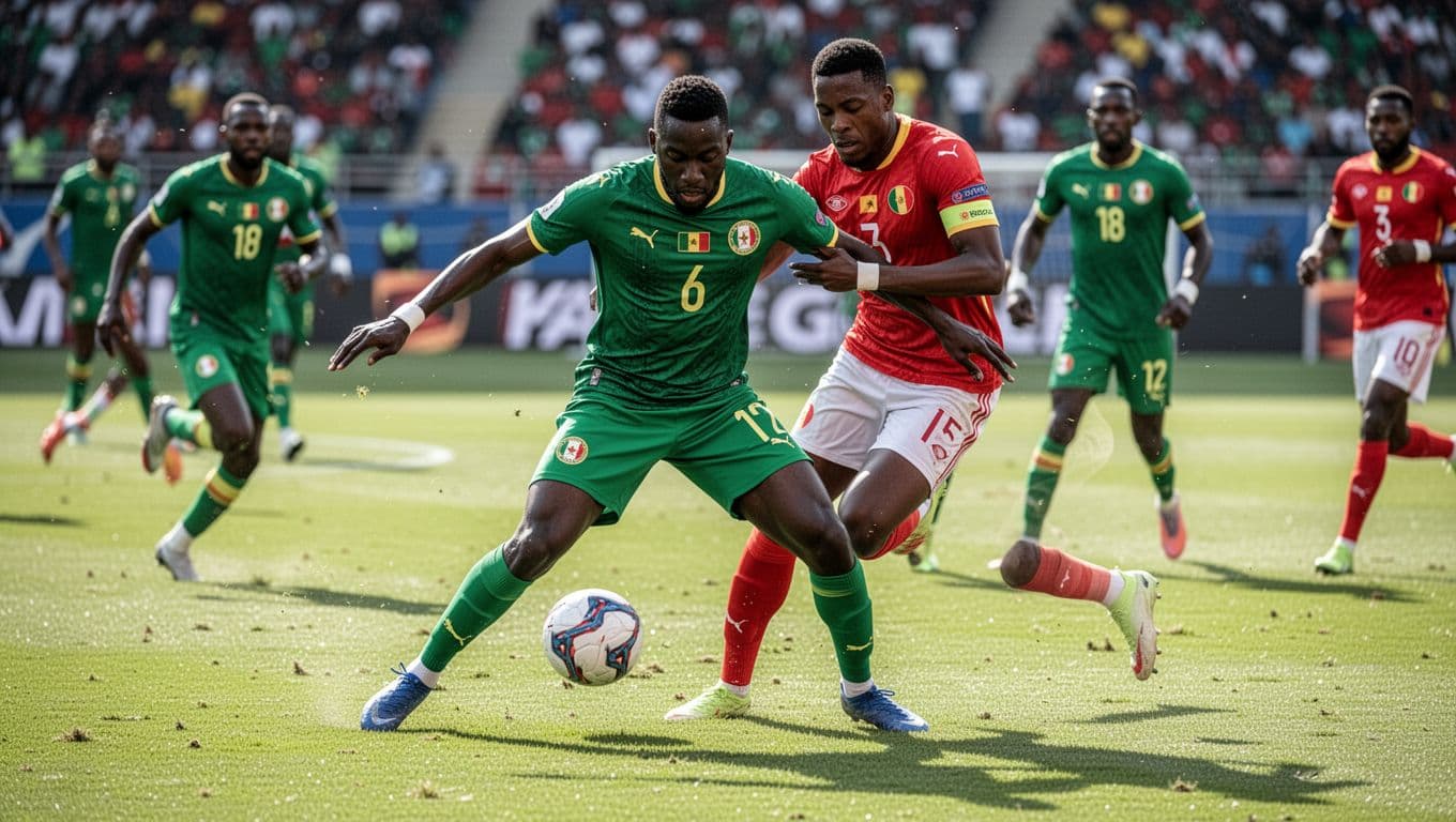 Seorang pesepak bola mengenakan seragam hijau Senegal sedang berlari mengejar lawan di lapangan rumput yang terang. Fokus utama memperlihatkan gerakan agresif pemain tersebut saat melakukan tekanan ketat di tengah pertandingan.