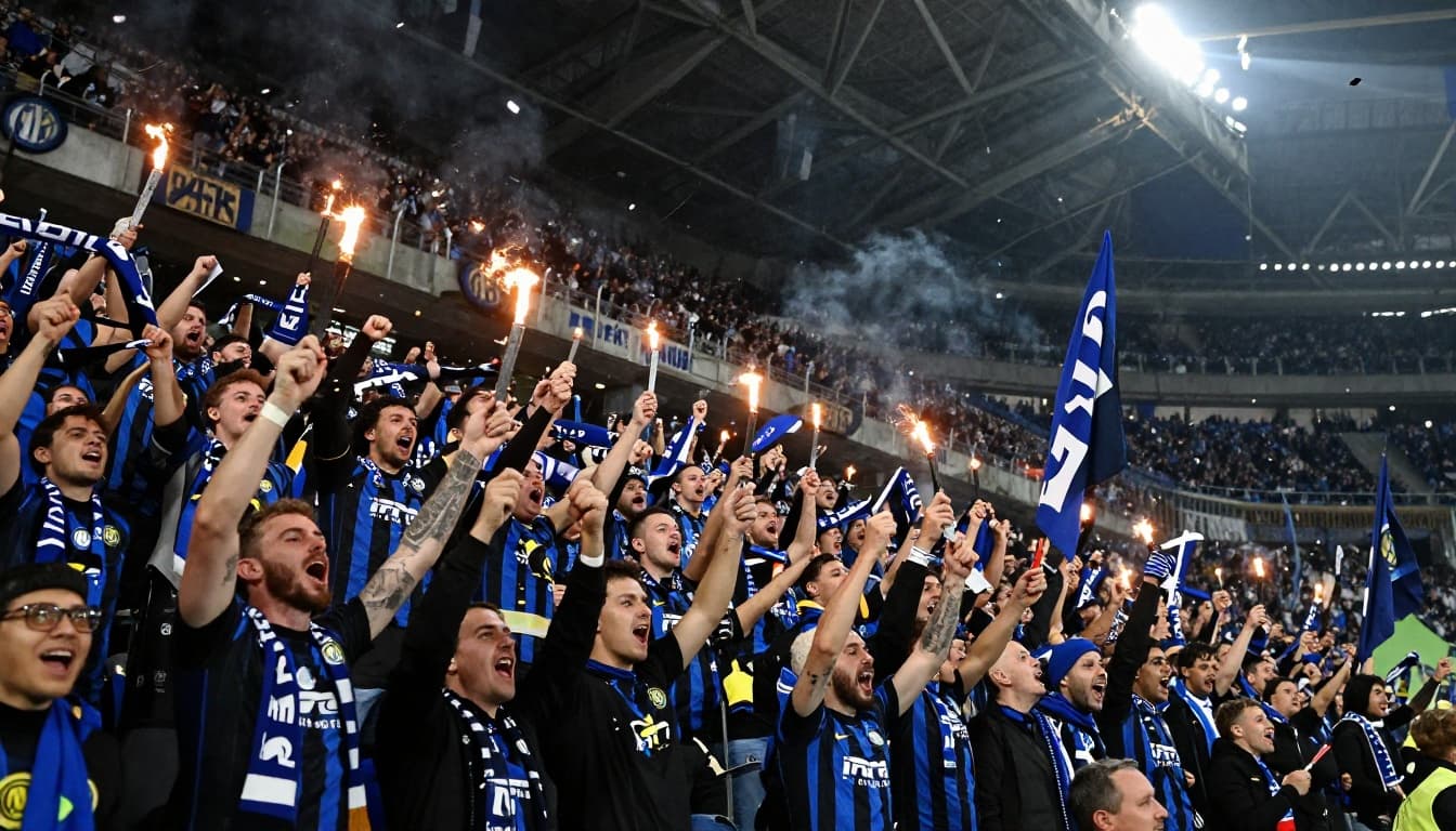 20 Inter Milan fans in black-blue scarves and jerseys celebrate Scudetto in packed San Siro stands at night, arms raised amid flares, flags, and confetti.