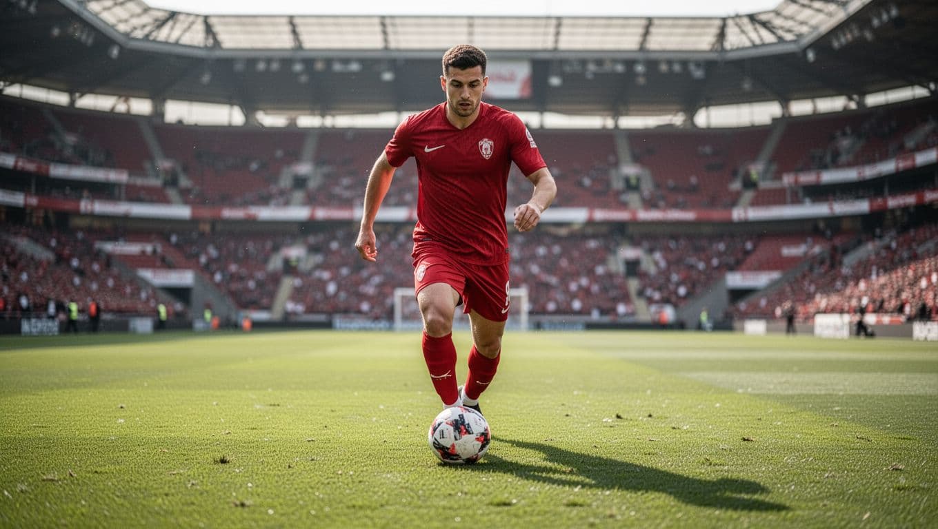 Football player runs with ball on green grass pitch, blurred stadium background.