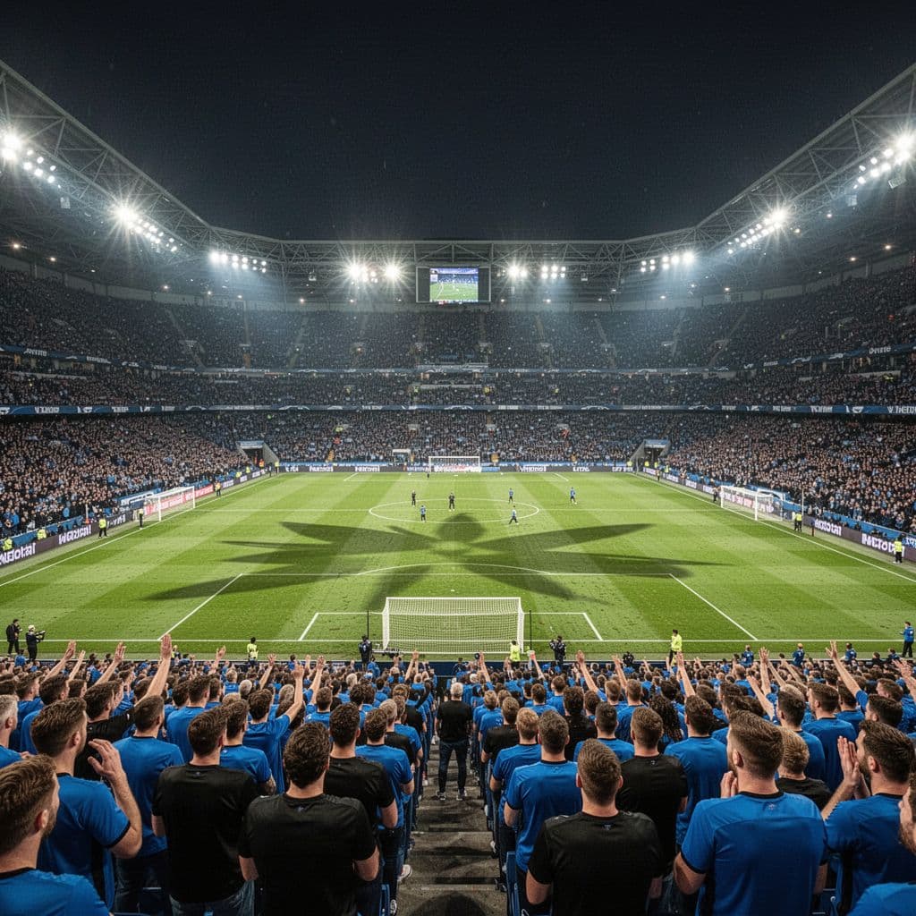 Wide shot of lit football stadium filled with blue-and-black clad fans.