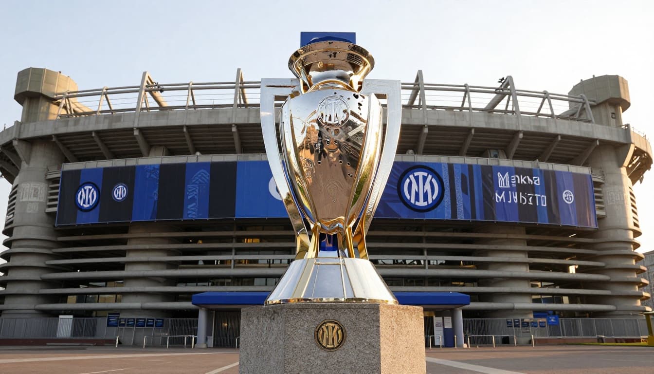 Scudetto trophy on stone pedestal in San Siro entrance hall with black and blue historical banners.
