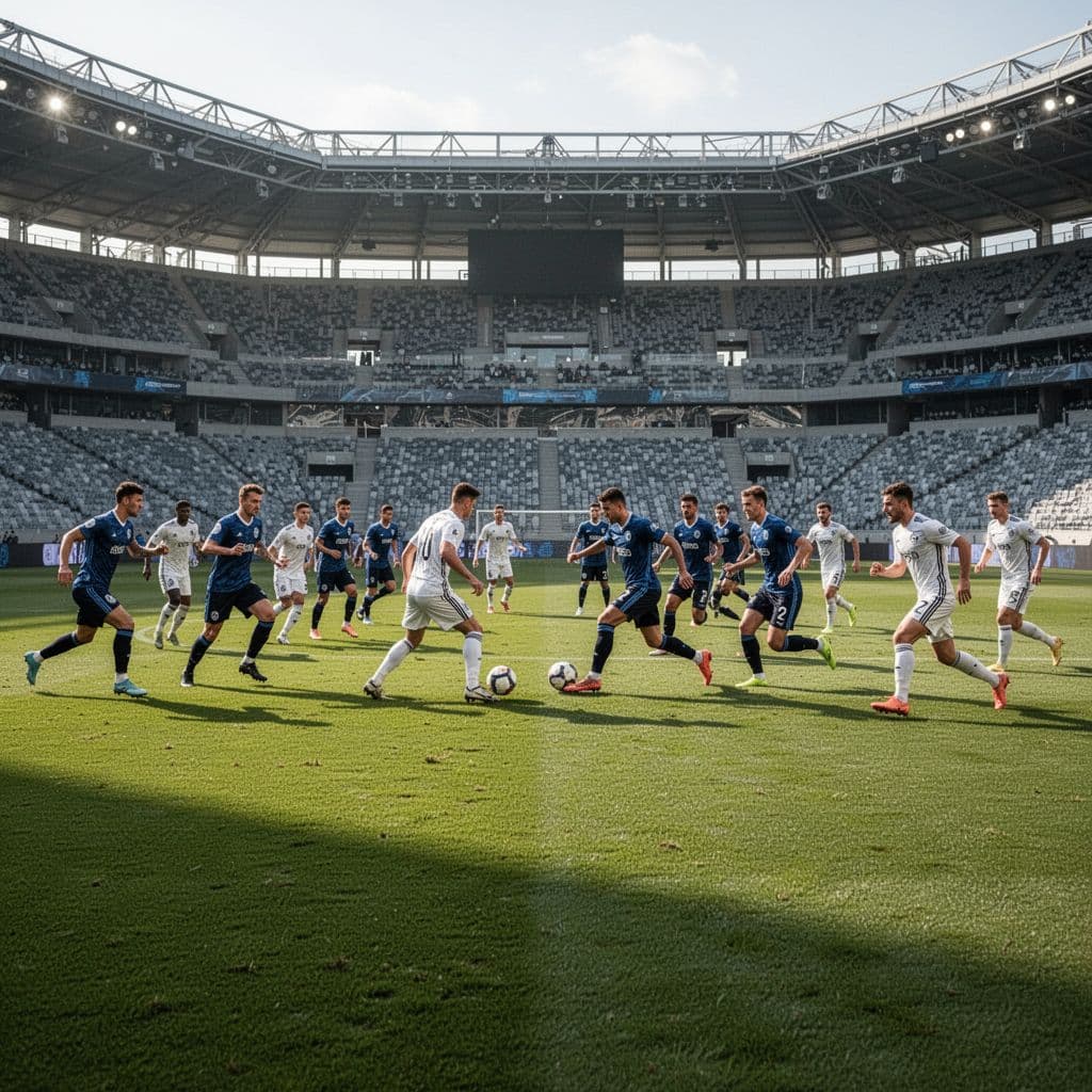 Twenty-two players compete on a vibrant green grass field inside a modern stadium under bright daylight. The athletes demonstrate strategic positioning and movement during a competitive international friendly match.