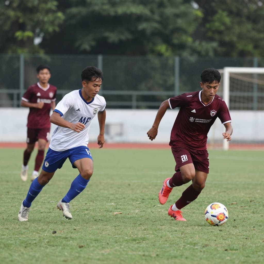 International football players compete for the ball on a green stadium field during an afternoon match.