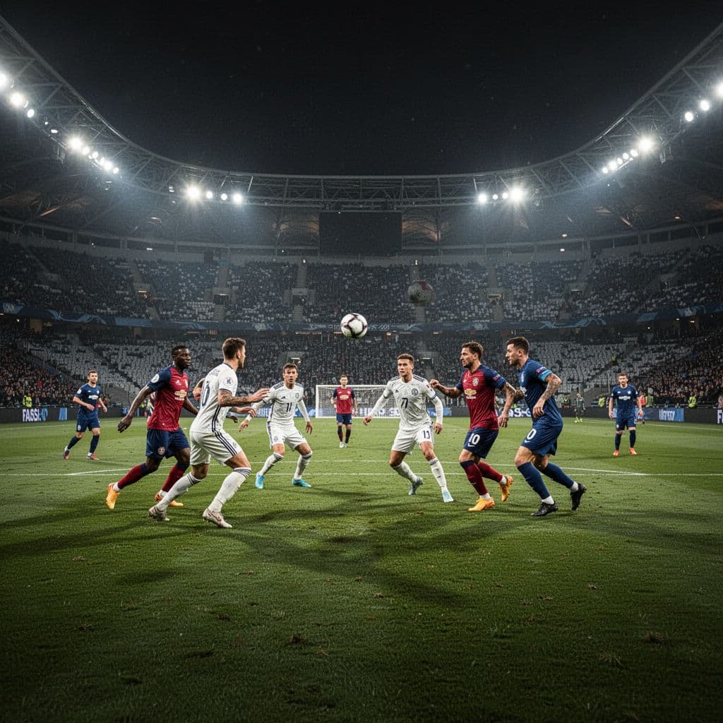 Two football teams compete on a brightly lit grass pitch during an evening international match.