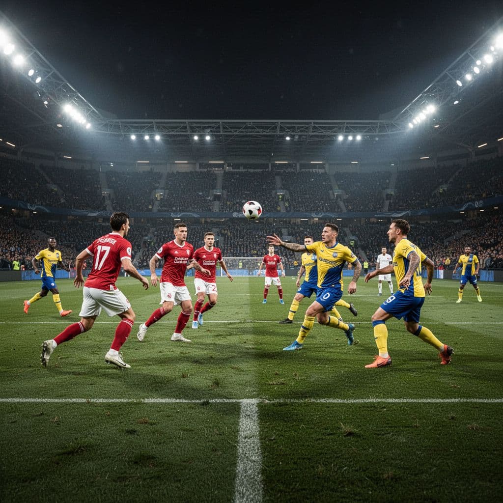 Players in contrasting red and white or blue and yellow uniforms compete on a lush grass pitch under bright stadium floodlights. The grand stands glow in the dark evening atmosphere.
