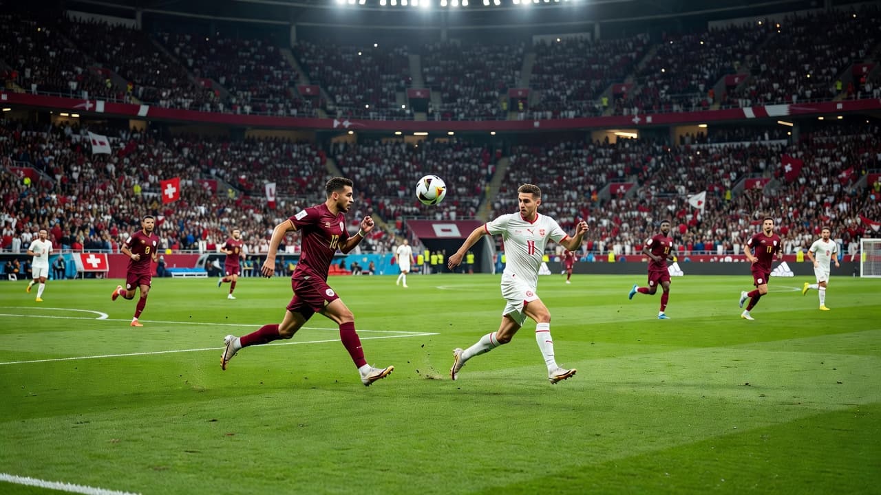 Players in colorful kits compete for possession of a soccer ball on a lush green pitch. The vast, illuminated stadium is filled with thousands of spectators watching the intense athletic contest.