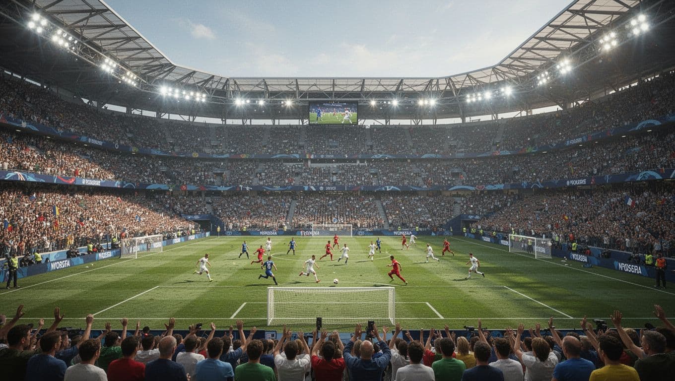 Bright stadium floodlights illuminate a massive grass pitch during an intense match. Countless spectators fill the high-rising stands, creating a vibrant, energetic atmosphere under the clear night sky of the tournament.