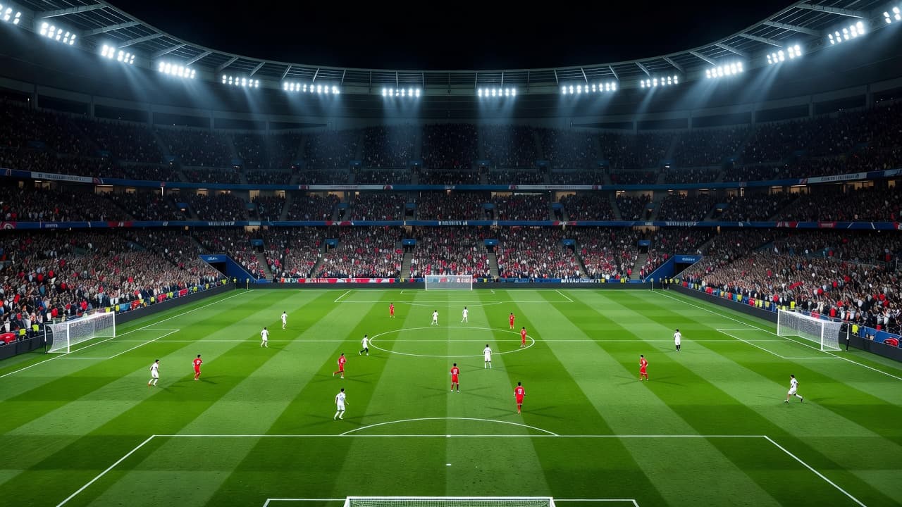 A high-angle view captures a packed stadium at night under bright floodlights. Players in white and red kits compete on the vibrant green pitch surrounded by thousands of cheering spectators.
