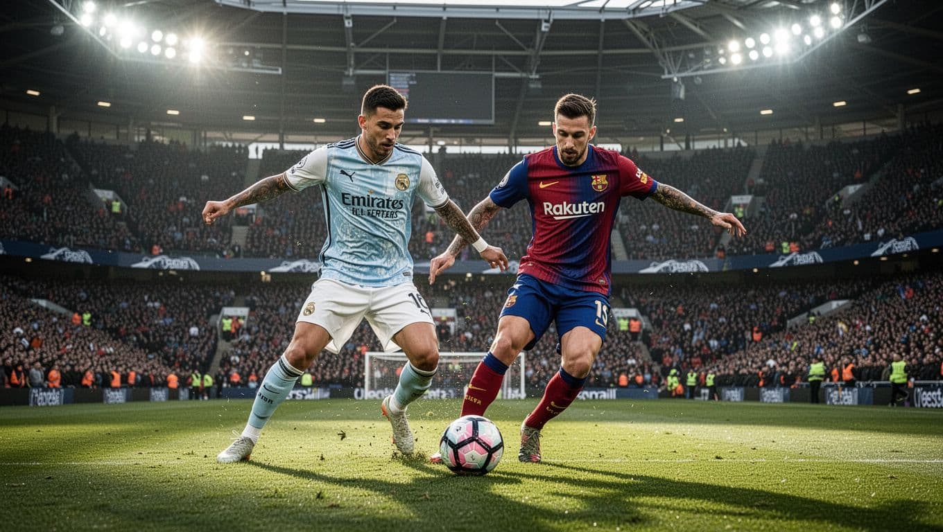 Two opposing athletes in vibrant jerseys collide while lunging for a leather ball on a lush green pitch. High-intensity stadium floodlights illuminate their intense facial expressions and the textured grass blades.