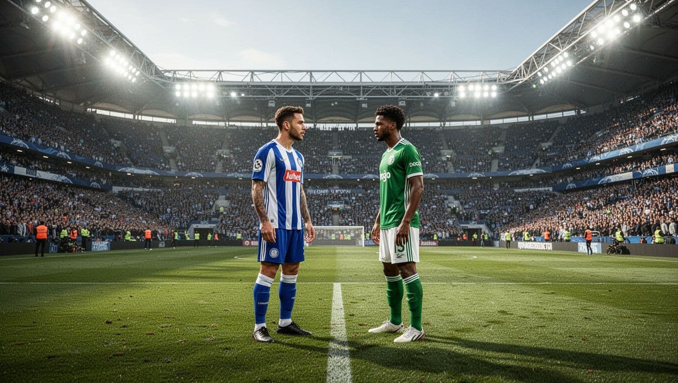 A player wearing blue and white stripes competes against an athlete in a green and white jersey on a vibrant grass field. Bright stadium floodlights illuminate the vast, packed professional arena.