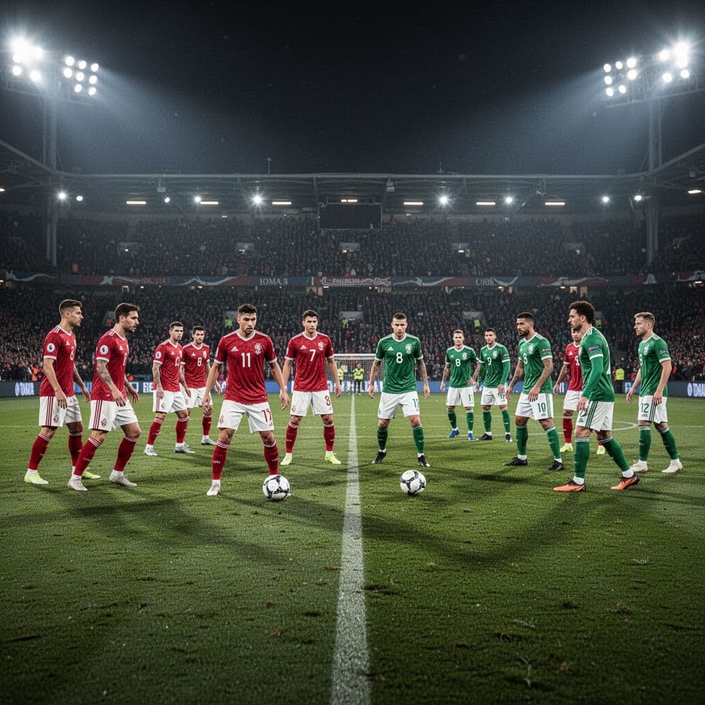 Players in contrasting red and green kits stand in a tense midfield formation under the intense glow of stadium floodlights. The sprawling grass field reflects the vibrant lights at night.