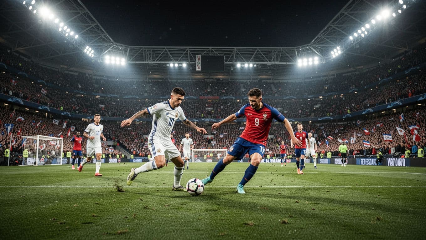 Two national football teams compete on a vibrant green pitch inside a massive, floodlit stadium at night. Thousands of cheering fans fill the surrounding stands under bright, cinematic lighting conditions.