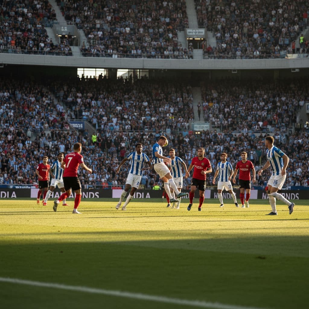 Two professional soccer teams compete on a lush green pitch during a sunlit afternoon. A packed stadium filled with spectators surrounds the grass as players maneuver the ball near midfield.