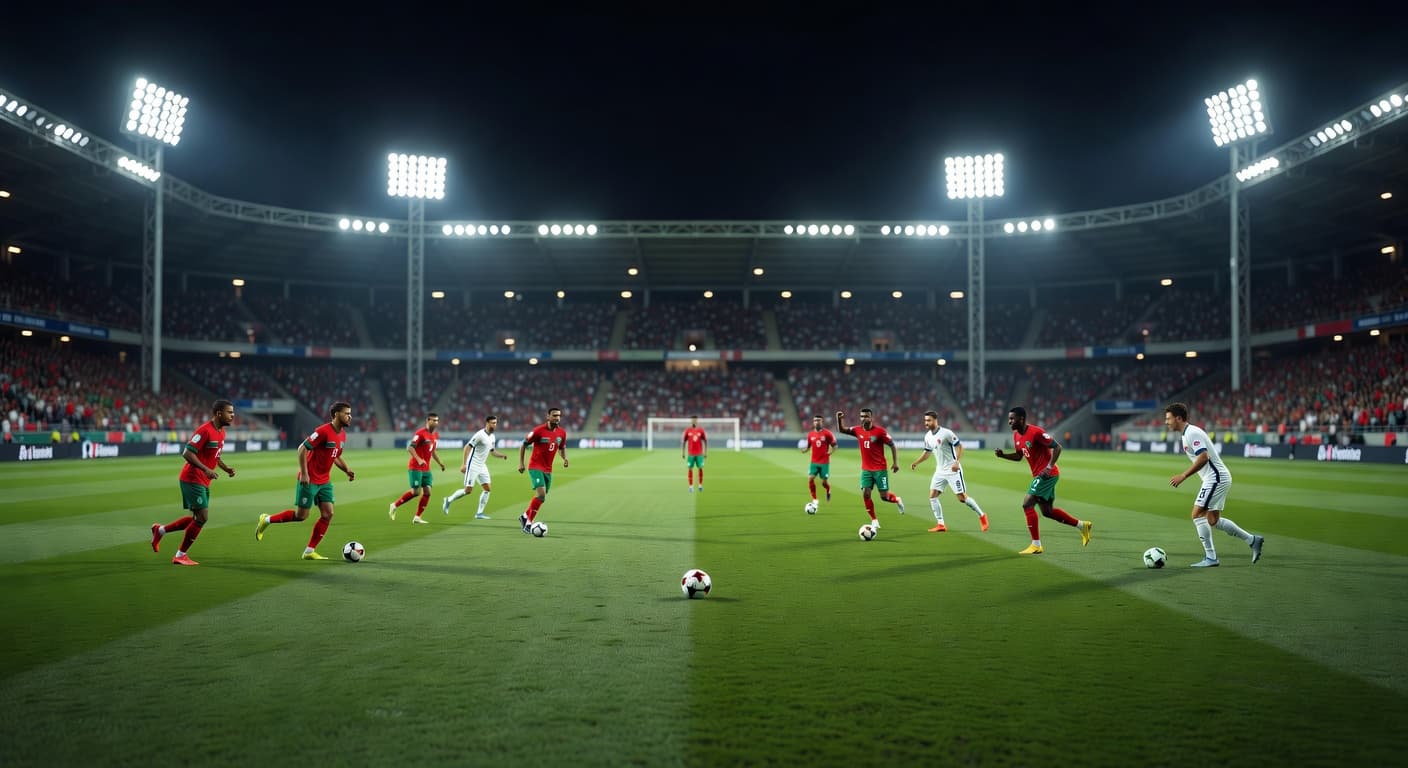 Bright floodlights illuminate the grass pitch as two squads conduct warm-up drills before an international game. A single football sits perfectly centered on the field under the vast stadium lights.