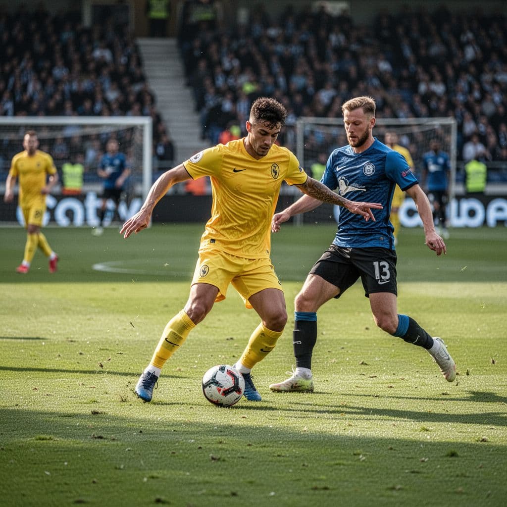 A soccer player in a vibrant yellow jersey maneuvers the ball past a defender on a lush green field. Sunlight illuminates the intense competitive movement during an outdoor afternoon football match.