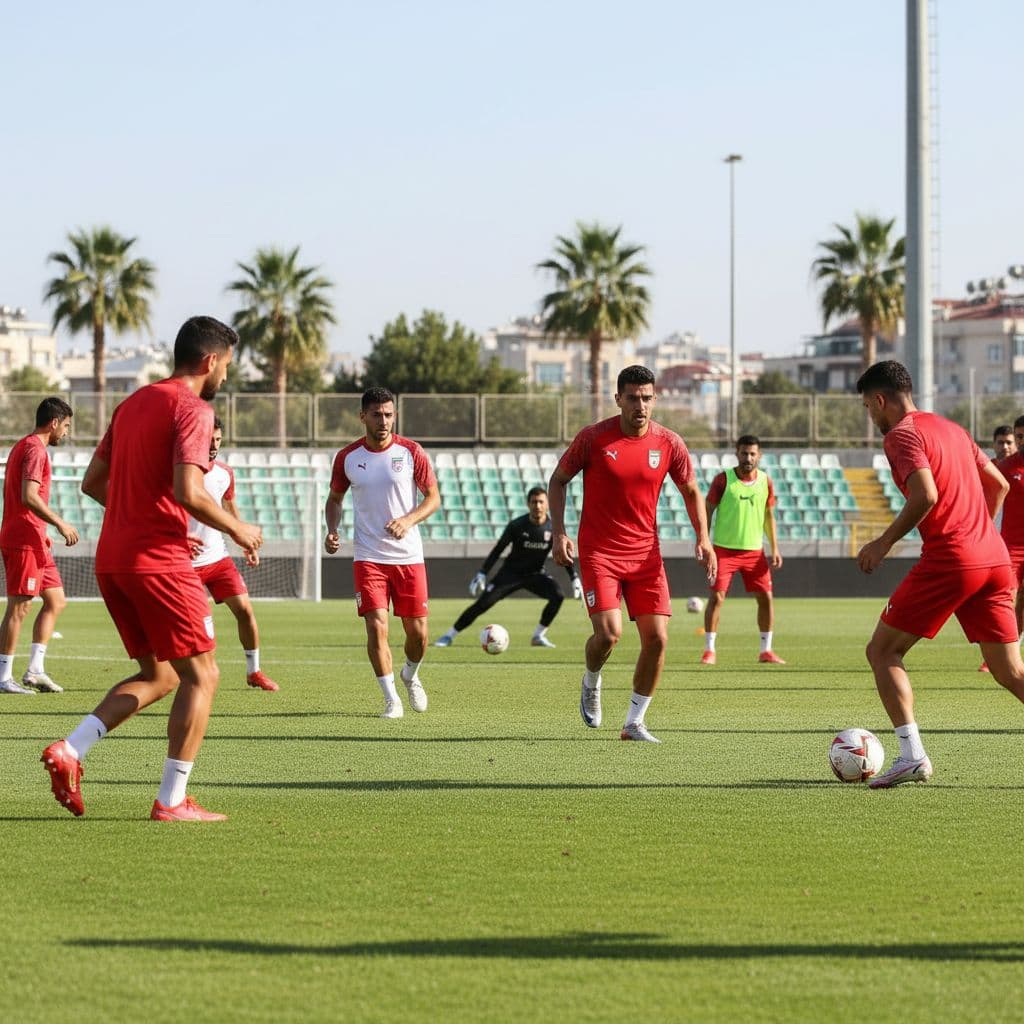 Professional Iranian football players in training gear perform tactical drills on a lush green grass pitch under bright sunshine at the Antalya stadium during an intensive pre-tournament preparation session.