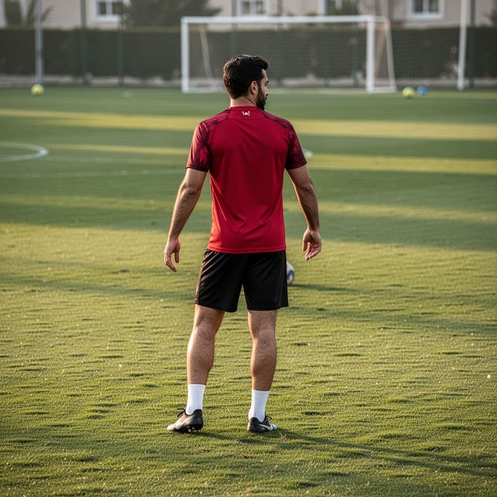 A focused soccer athlete wearing a vibrant red jersey practices footwork drills on a lush green training pitch. He moves with precision across the turf during an afternoon team practice session.