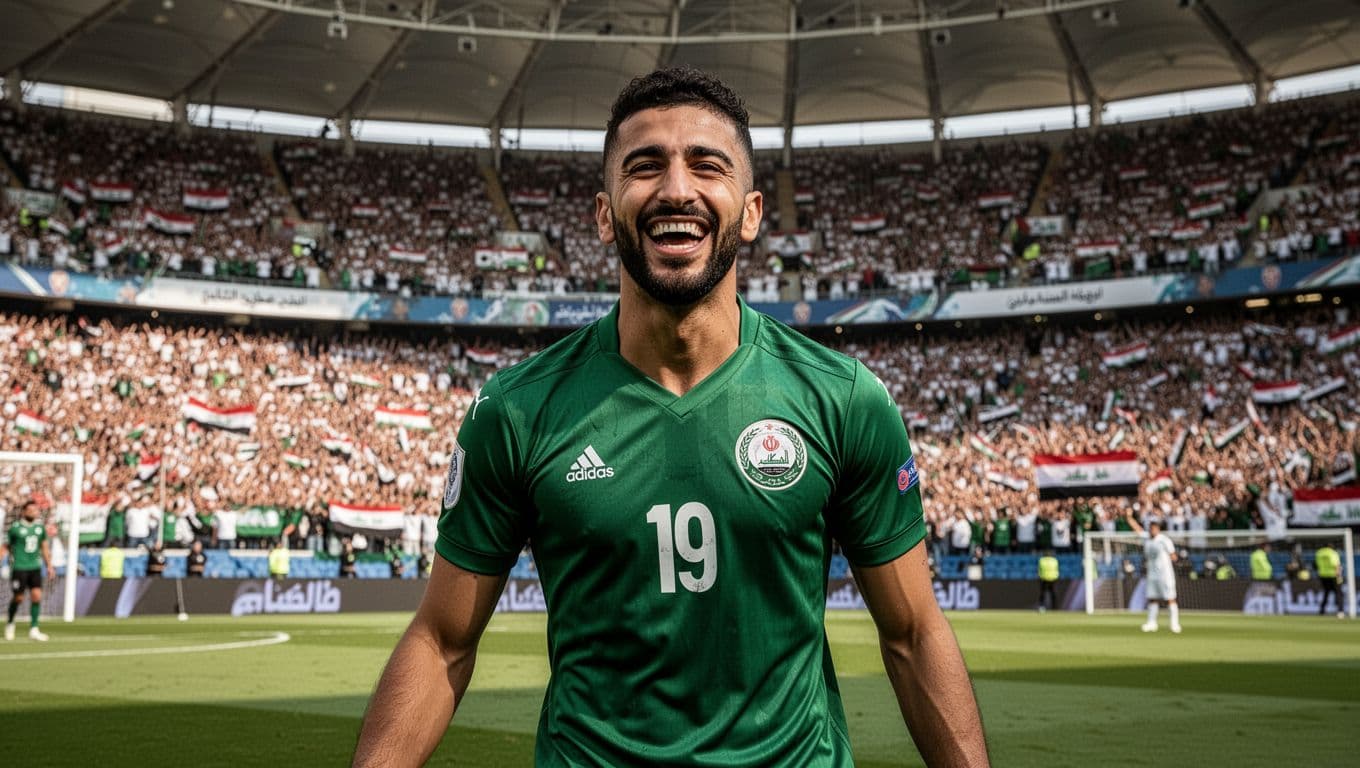 Iraqi players in green uniforms cheer joyfully on the pitch after securing a World Cup qualification.