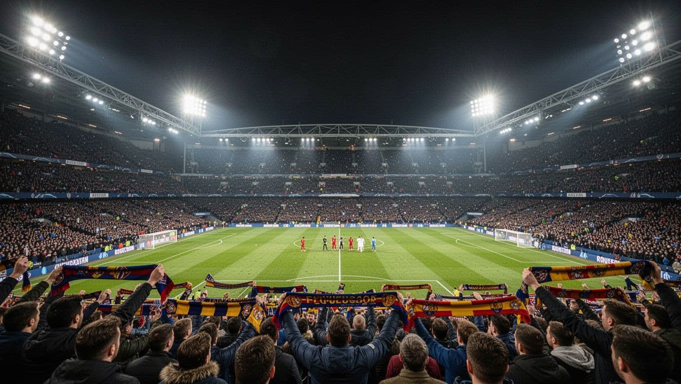 Vibrant stadium lights illuminate a packed arena during a night tournament game. Players wearing red and green kits compete on the lush green pitch while cheering fans fill the surrounding stands.