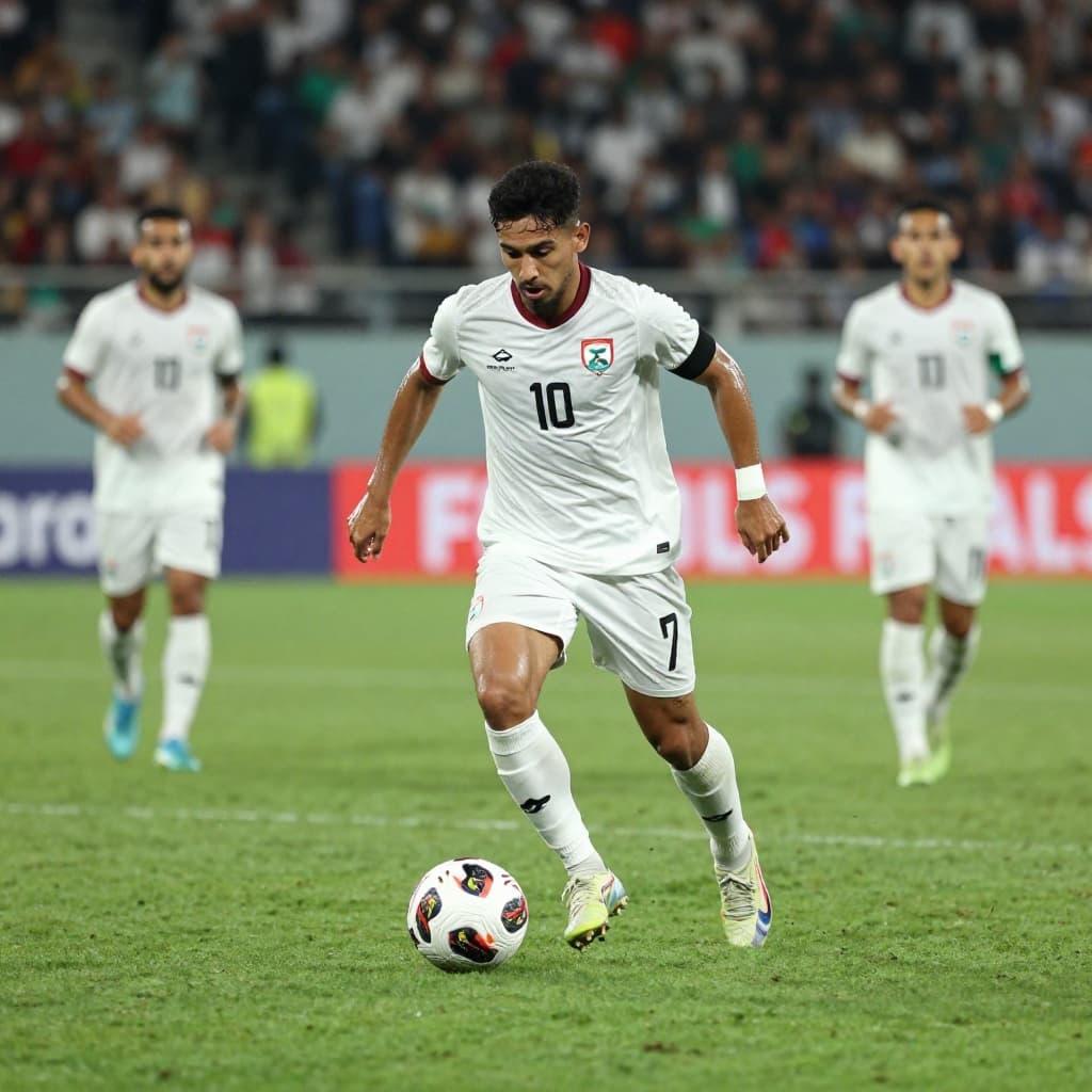 An Iraqi player wearing a white jersey sprints across the vivid green pitch, clutching the soccer ball while navigating toward a dense line of opposing defenders under stadium floodlights.