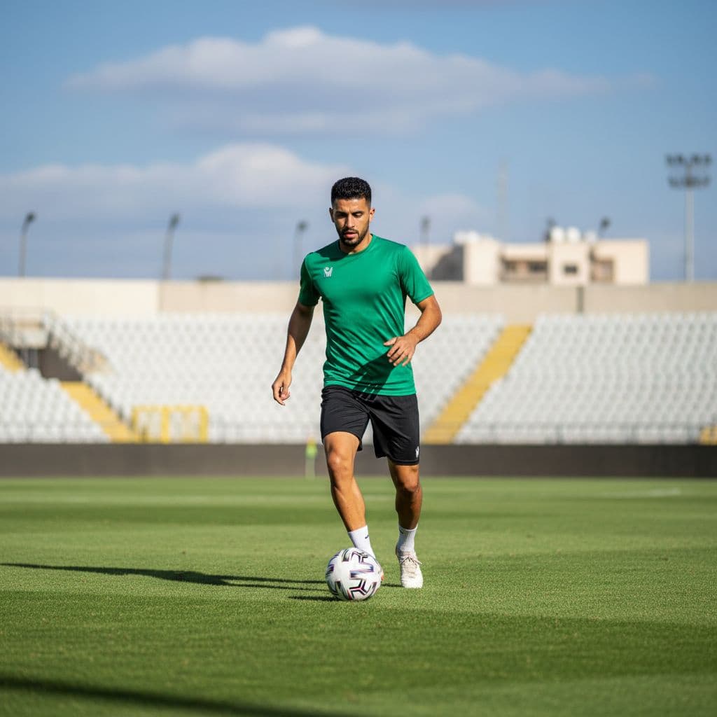 An Iraqi soccer athlete in professional gear sprints across a lush green field while dribbling a ball. A blurred stadium structure stands in the distant background under a clear, sunny sky.