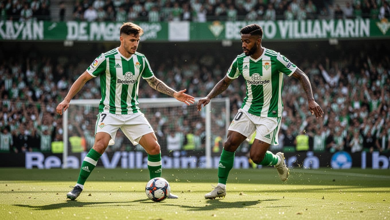 Isco controls ball in midfield and passes to dribbling Abde in green-white jerseys on Benito Villamarin pitch with crowd.