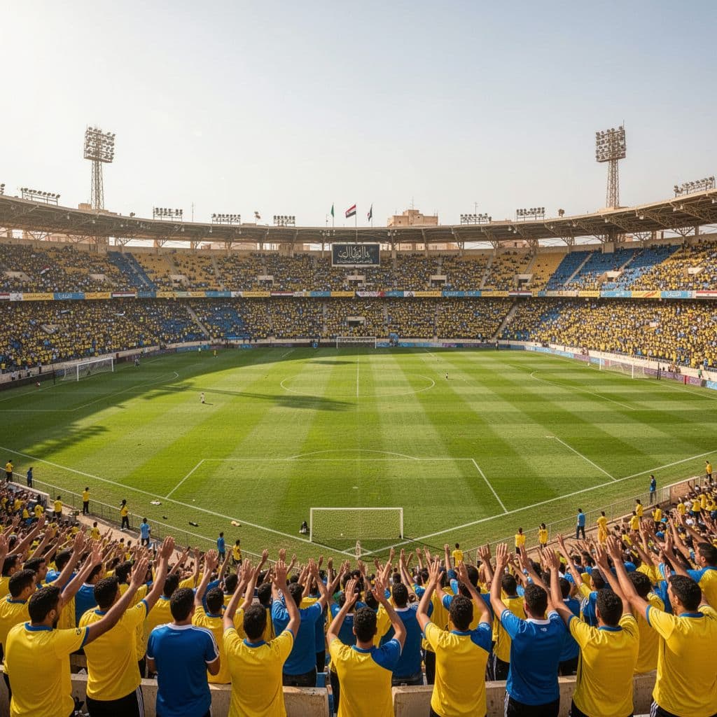 Wide-angle elevated view of Ismailia Stadium with thousands of yellow-and-blue-shirted fans cheering in stands, empty green pitch on sunny day.