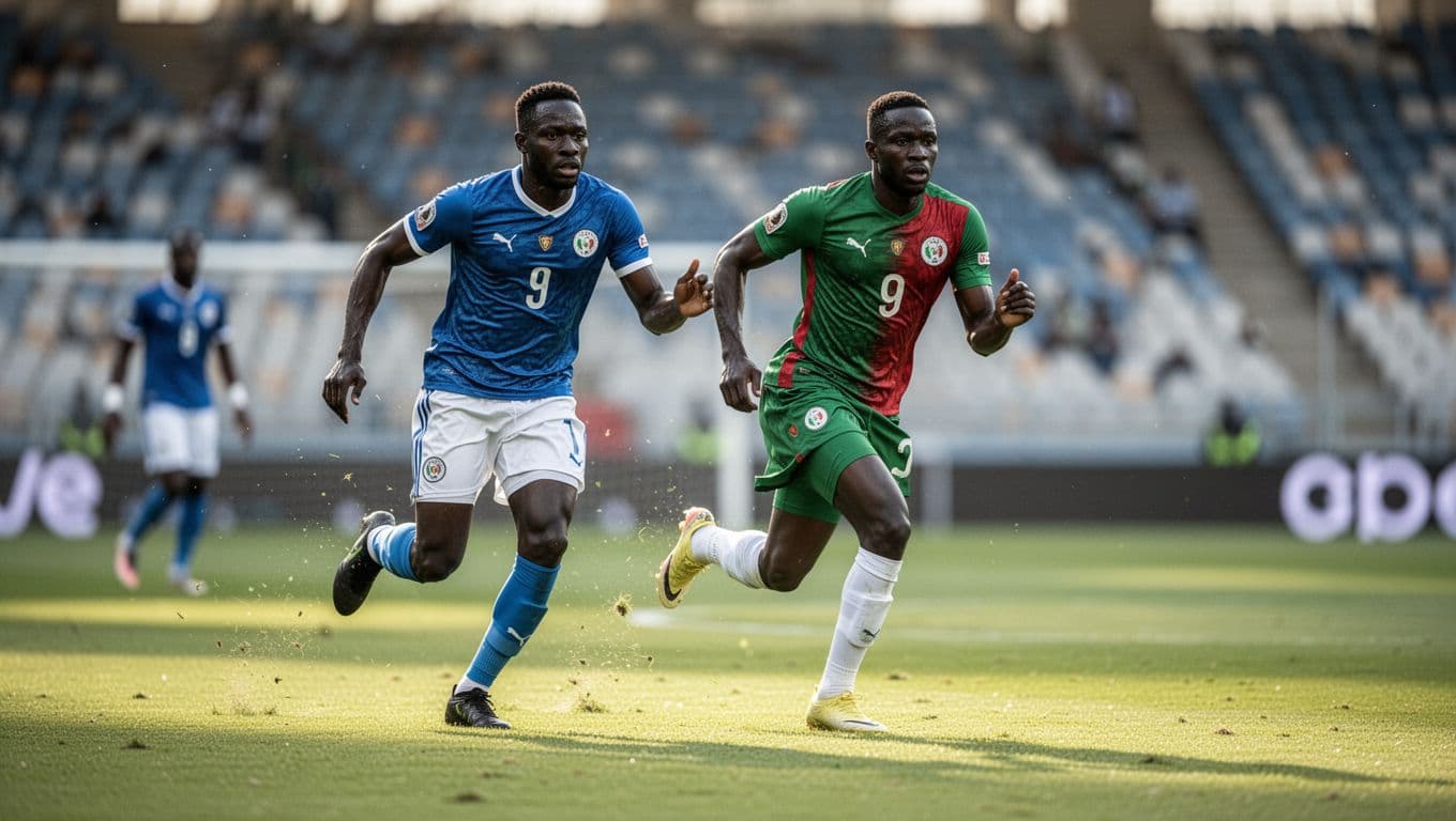 Two powerful soccer players from the Ivory Coast sprint across a vibrant green pitch during a match. Soft sunlight illuminates their muscular forms while the stadium background remains blurred in motion.