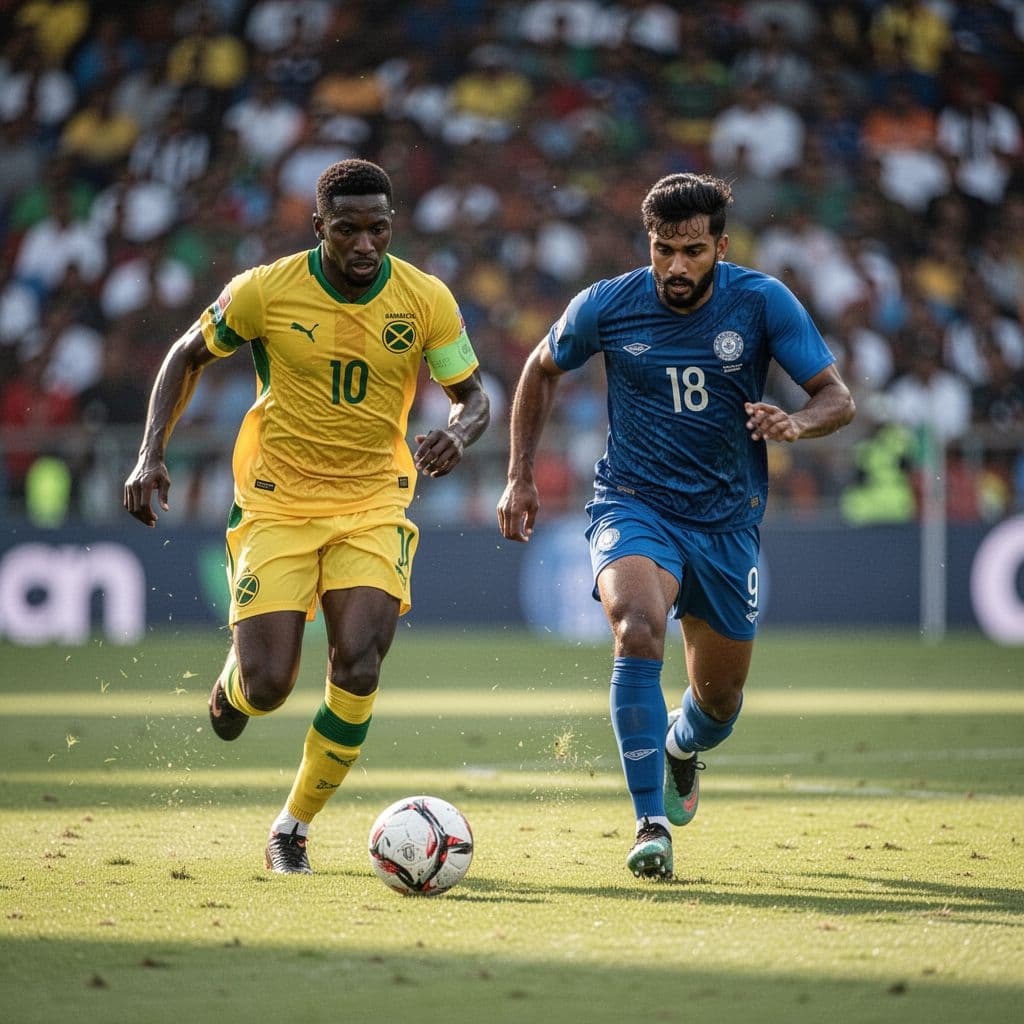 A Jamaican player in a vibrant yellow jersey dribbles a soccer ball along the sideline while a defender from India wearing blue gear closely pursues him on the sunny grass pitch.