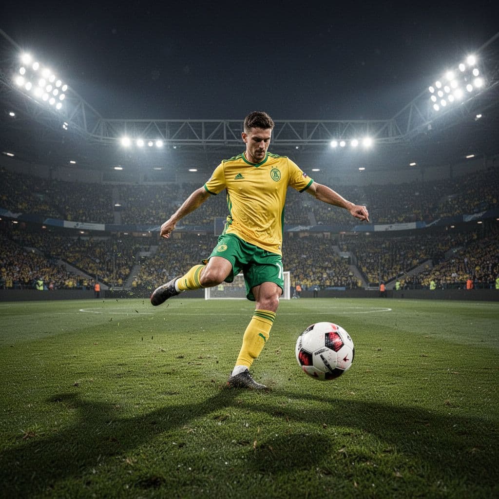 Soccer player in yellow-green jersey kicks ball on green grass field with stadium lights behind.