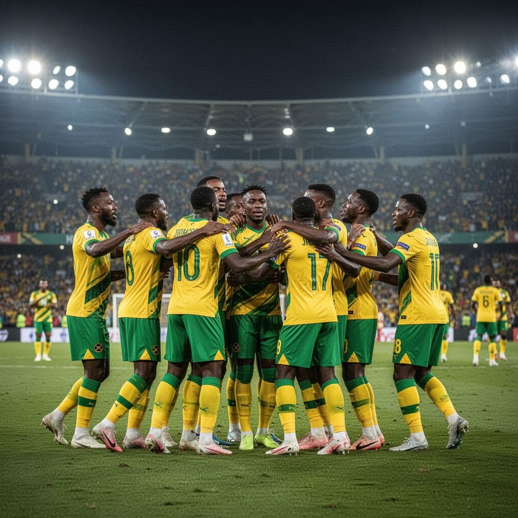 Group of Jamaican players in yellow and green uniforms celebrate on the field at night, vibrant stadium lights shining, blurred crowd in background.