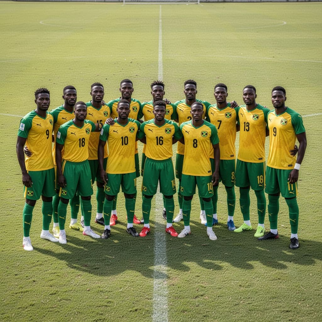 Eleven Jamaican players in yellow and green jerseys stand together on a grassy soccer field in bright daylight.