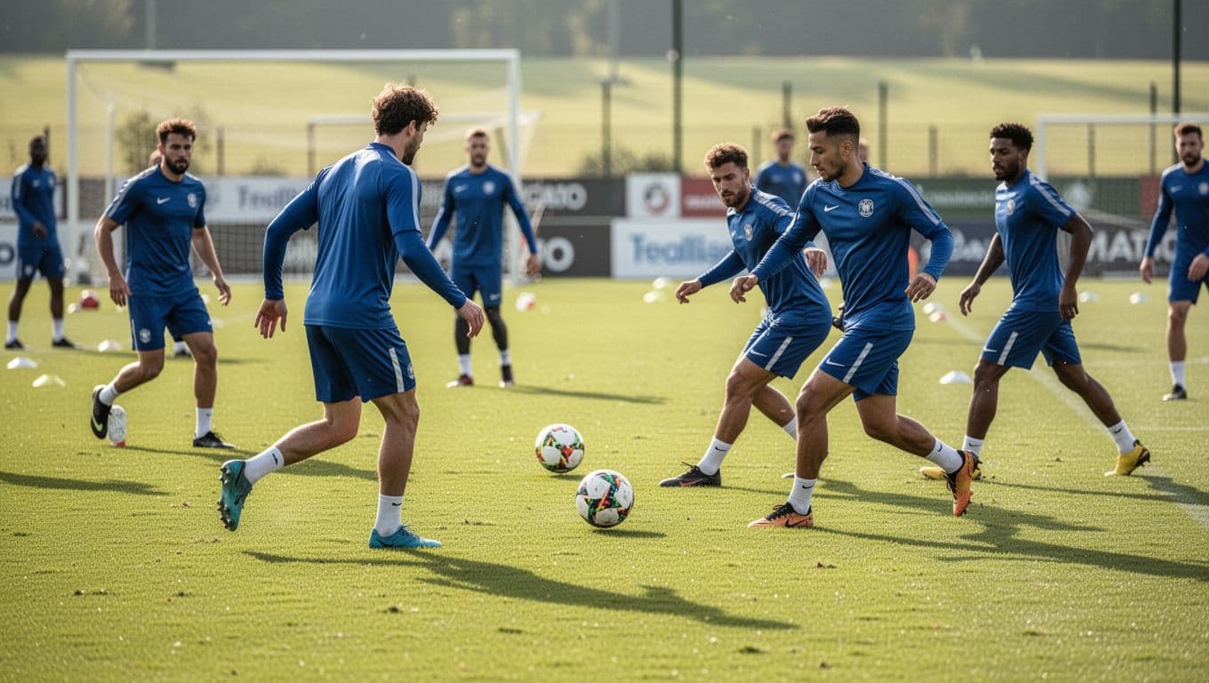 Japanese football players in blue training kits practice passing drills on a green grass field.