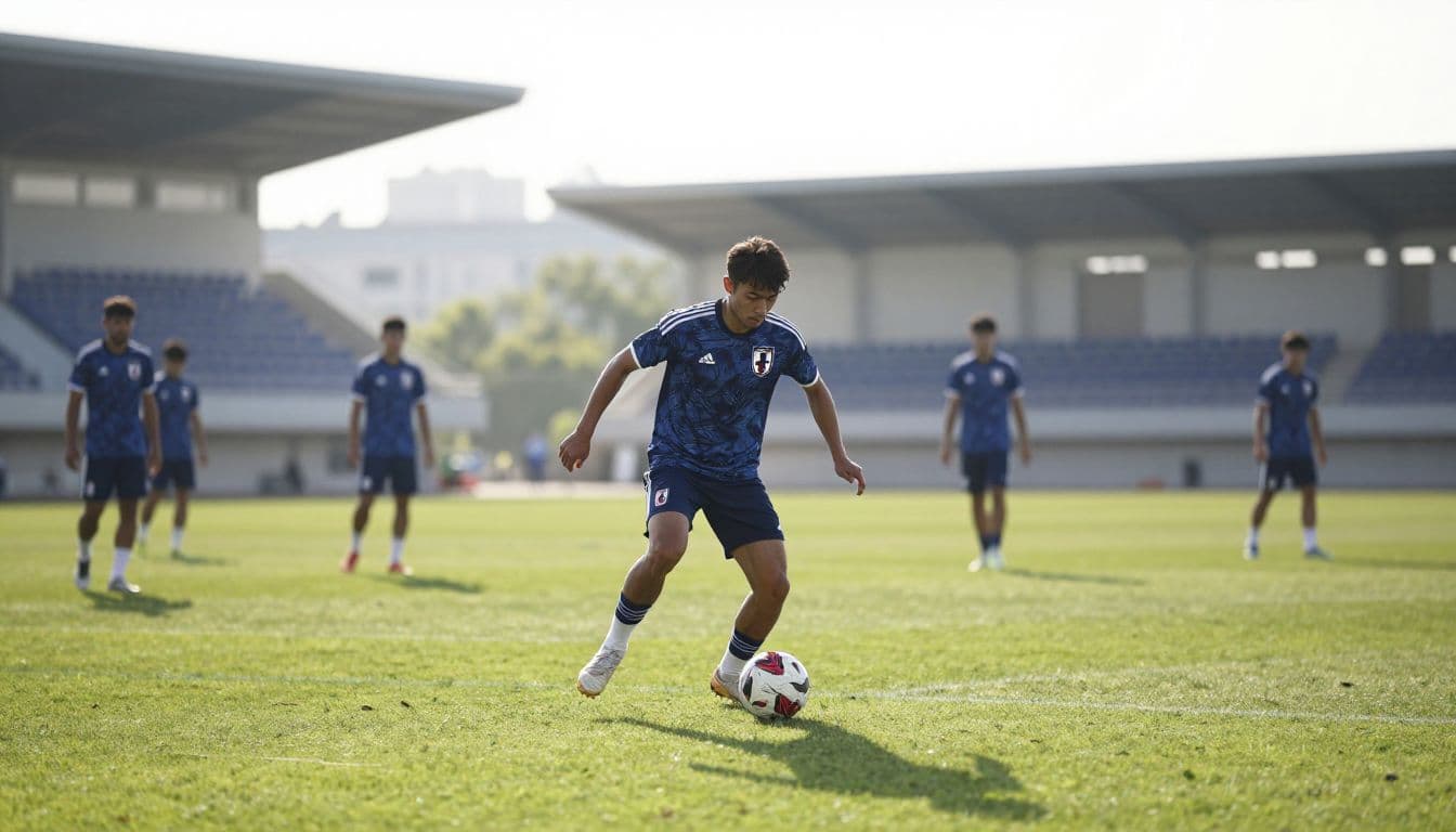 Seorang pemain timnas Jepang sedang berlatih dengan intensitas tinggi di lapangan stadion modern pada sore hari.