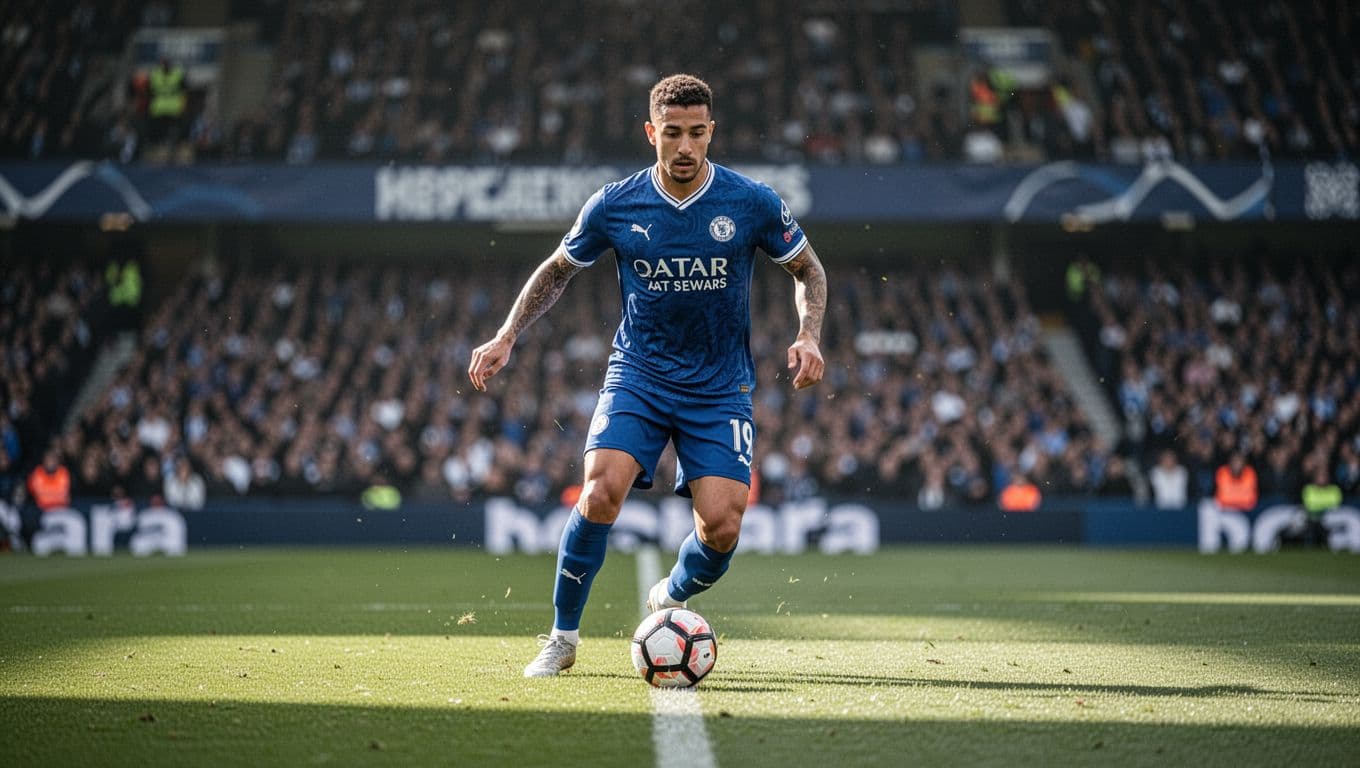 Seorang pemain sepak bola profesional berseragam biru sedang mendribel bola di tengah lapangan stadion, aksi dinamis, pencahayaan alami stadion, fokus pada pemain, latar belakang penonton sedikit buram, tidak ada teks, kualitas tinggi.