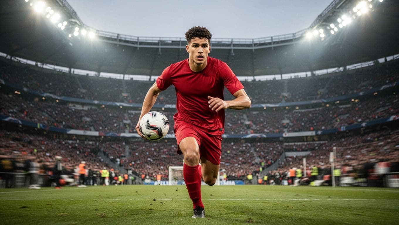 Pemain muda berbaju merah fokus menatap bola di tengah stadion Anfield yang megah. Lampu sorot stadion menyinari aksi dinamis sang pemain di lapangan hijau saat pertandingan berlangsung dengan intensitas tinggi.