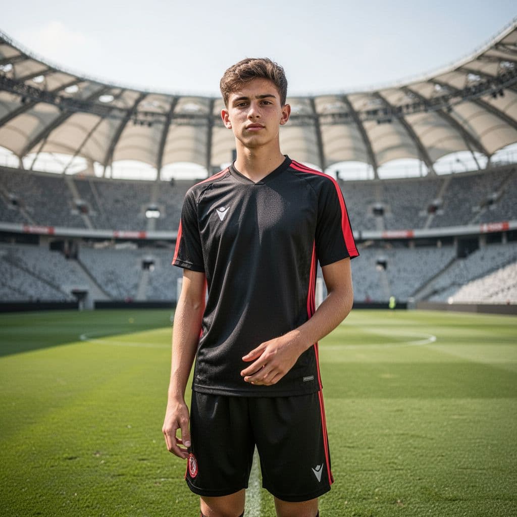 Seorang pesepak bola muda mengenakan jersey latihan berwarna merah hitam berdiri di tengah lapangan stadion. Latar belakang tribun penonton yang megah terlihat blur di bawah sinar matahari pagi yang cerah.