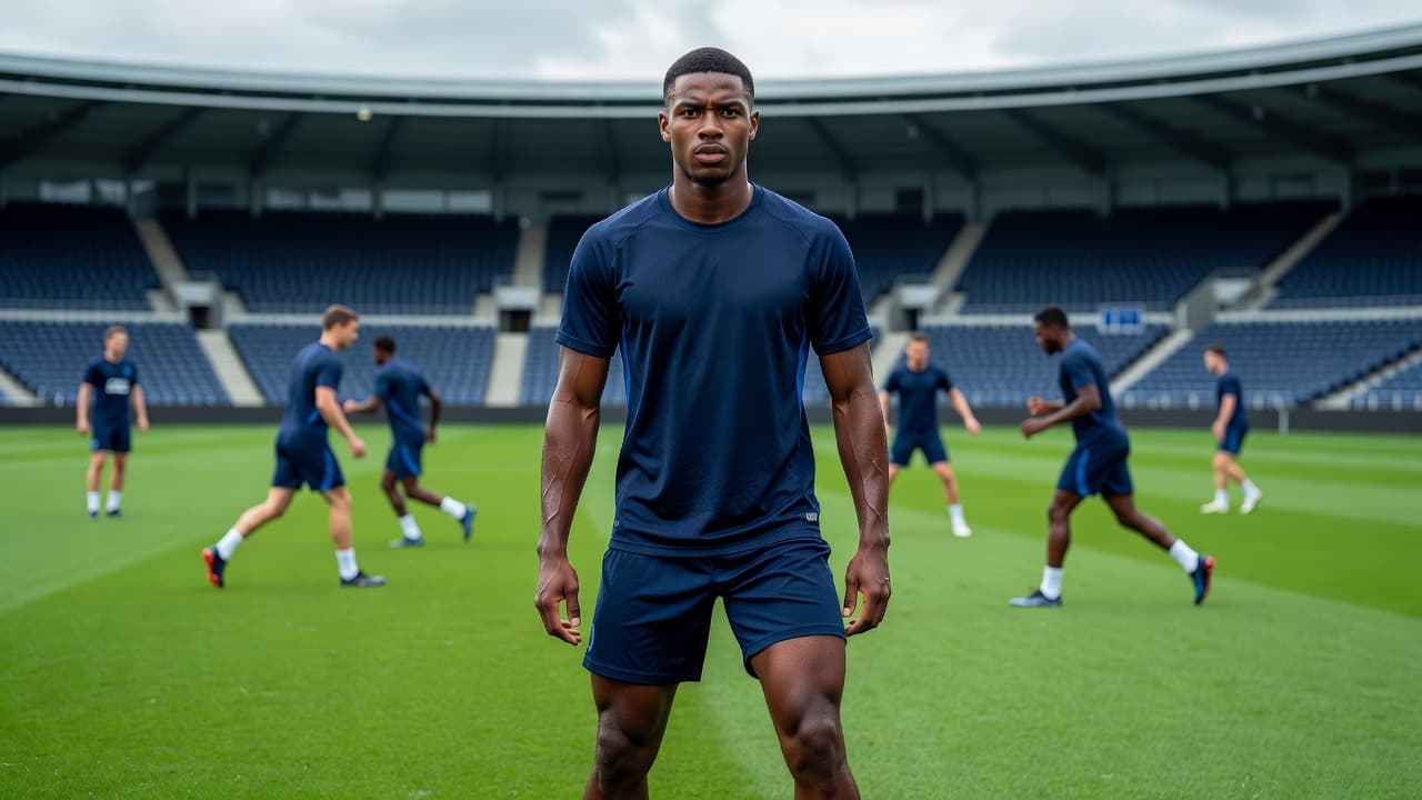 Pemain sepak bola mengenakan seragam latihan lengkap berdiri tegak di tengah lapangan hijau yang subur. Fokus pandangannya tertuju ke depan saat sesi pemanasan berlangsung di dalam kompleks stadion yang megah dan tenang.