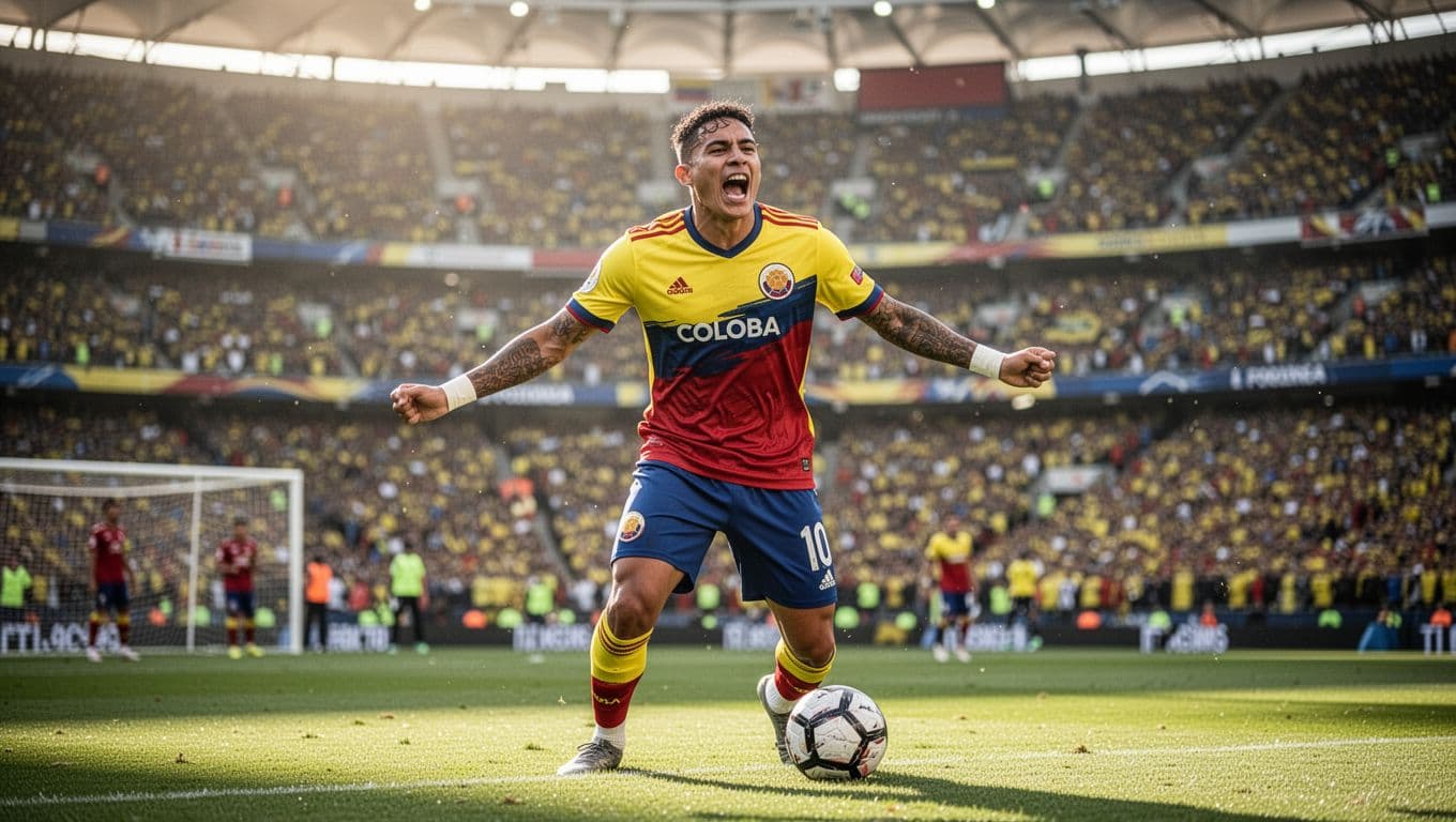 Pemain sepak bola Jhon Arias merentangkan tangan dengan ekspresi gembira di tengah lapangan hijau yang terang. Latar belakang stadion besar yang penuh penonton memberikan nuansa atmosfer pertandingan sepak bola yang sangat intens.