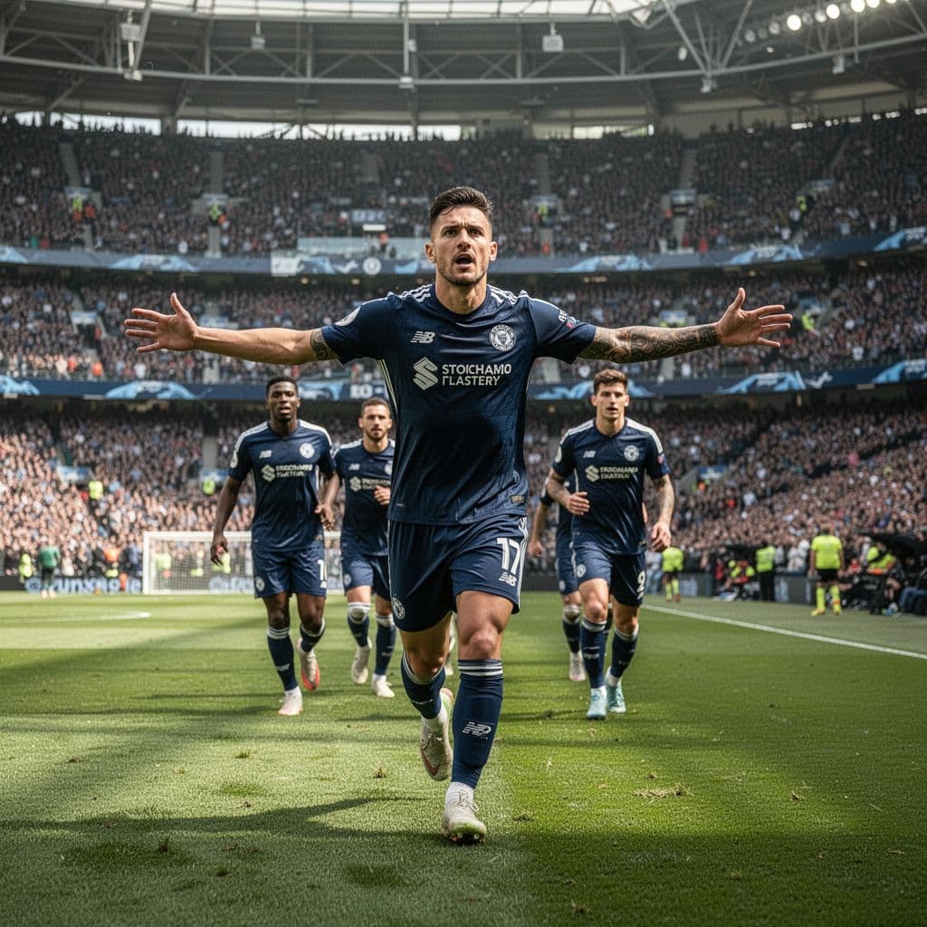 A professional soccer player in a dark blue uniform stretches his arms wide in celebration on a bright green pitch. Teammates run toward him as the crowded stadium stands loom above.