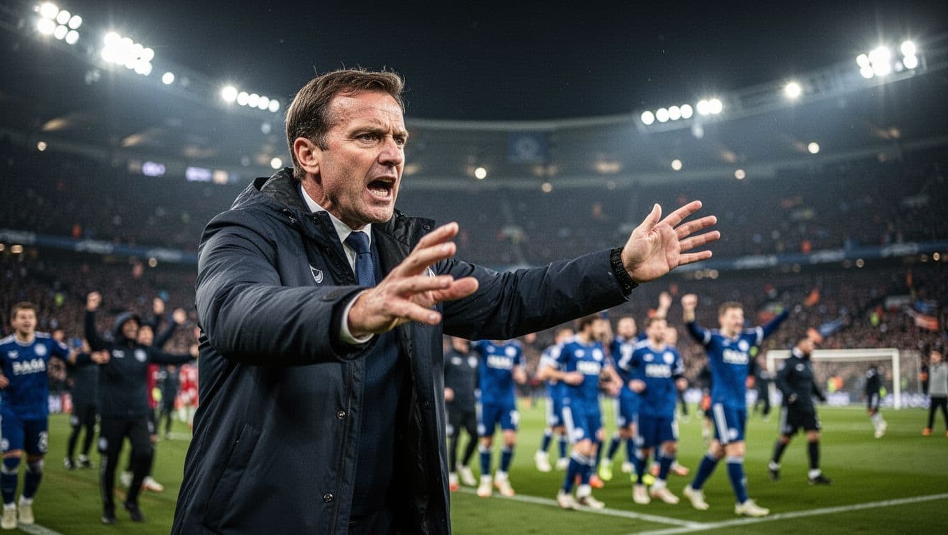 Jose Bordalas gestures intensely from the sideline at Coliseum Alfonso Perez during a night La Liga match with blurred Getafe players in blue.