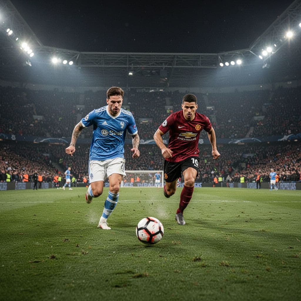 Two football players in contrasting kits chase a ball on a green pitch under bright stadium lights.