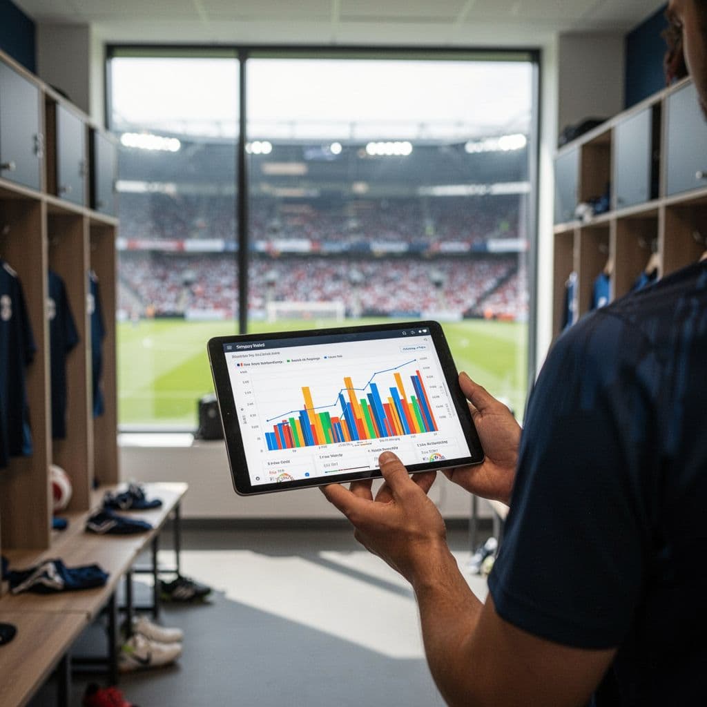 Infographic with bar charts and percentages displaying soccer team statistics on blurred stadium background.