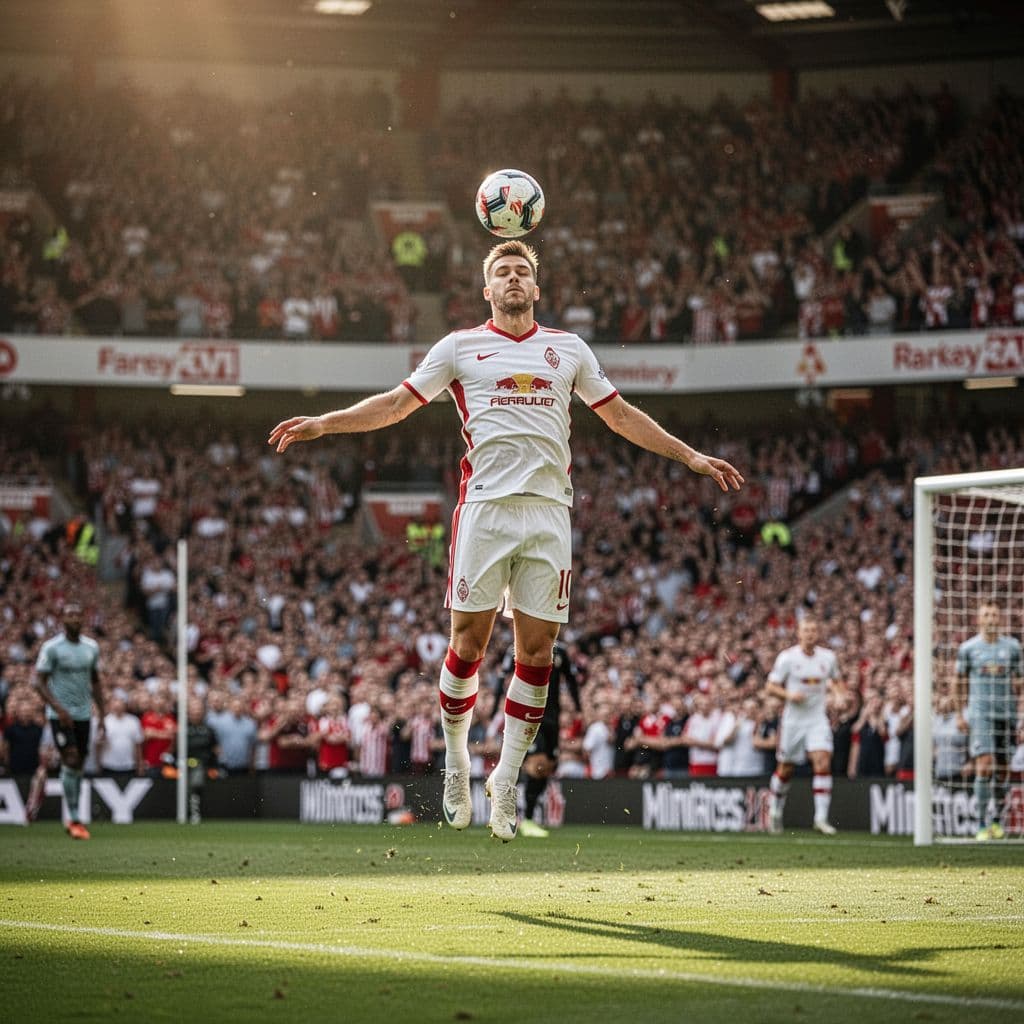 A professional soccer player in a red and white jersey jumps high for a header inside a stadium.