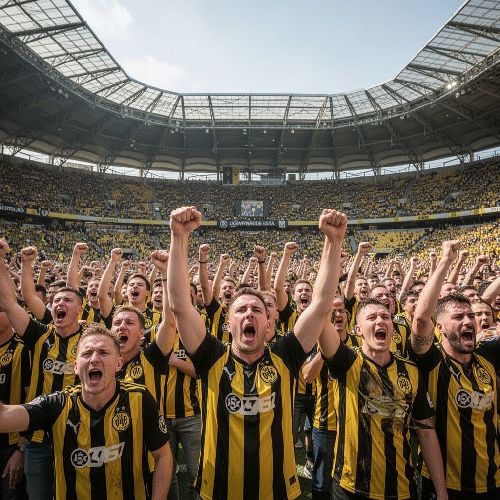 A dense crowd of cheering fans wearing yellow and black fills a sunlit football stadium.