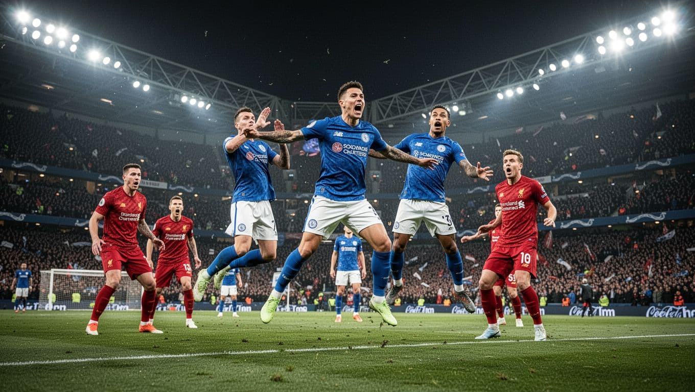 Harry Kane celebrates scoring injury-time equalizer against PSG with three jumping Bayern teammates, shocked opponents, and erupting Allianz Arena crowd.