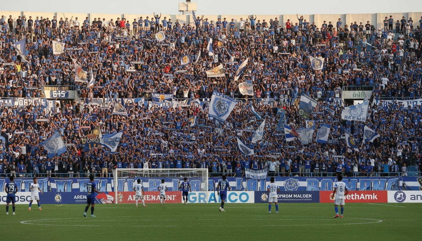 Kanjuruhan Stadium full of Aremania waving flags and singing during Arema FC home match, players on green field under afternoon sun.