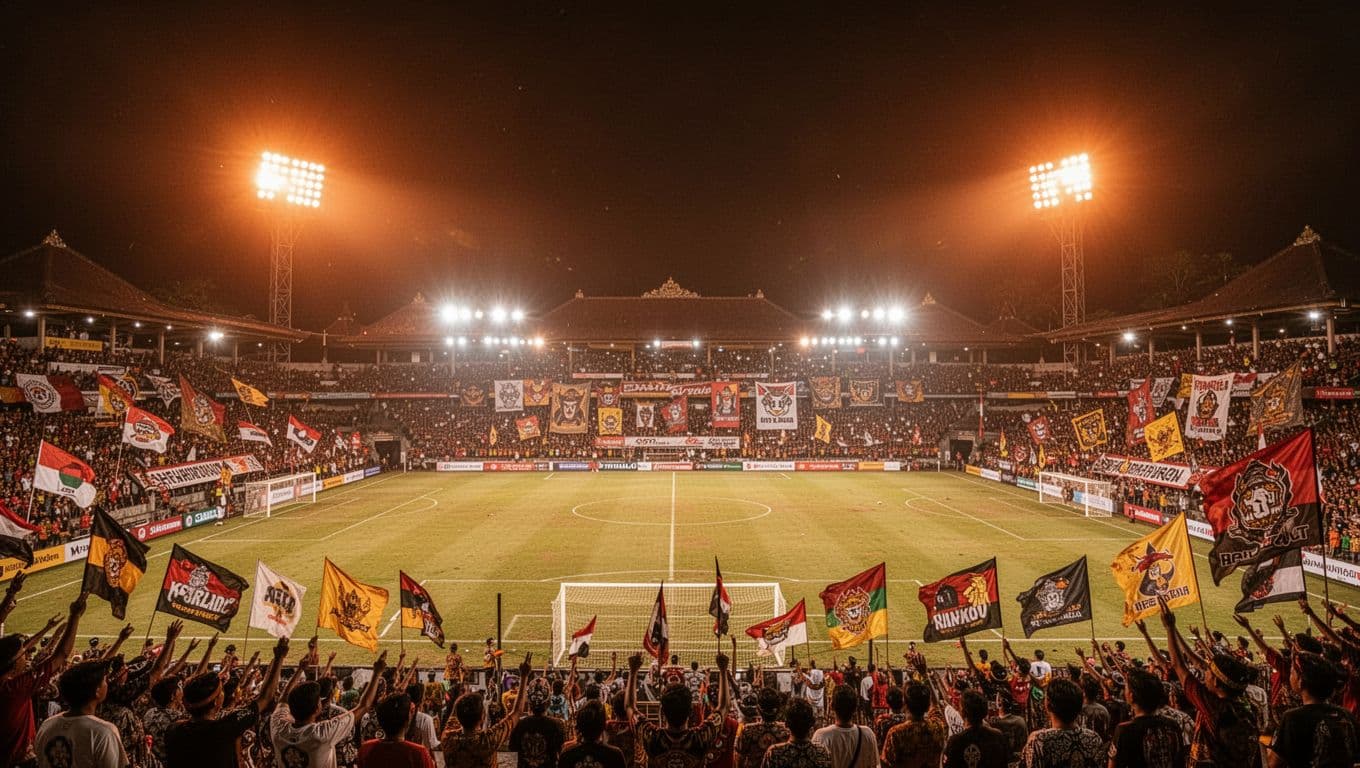 Wide night view of Stadion Kapten I Wayan Dipta with crowded Bali United supporters holding banners in stands, orange floodlights on empty field.