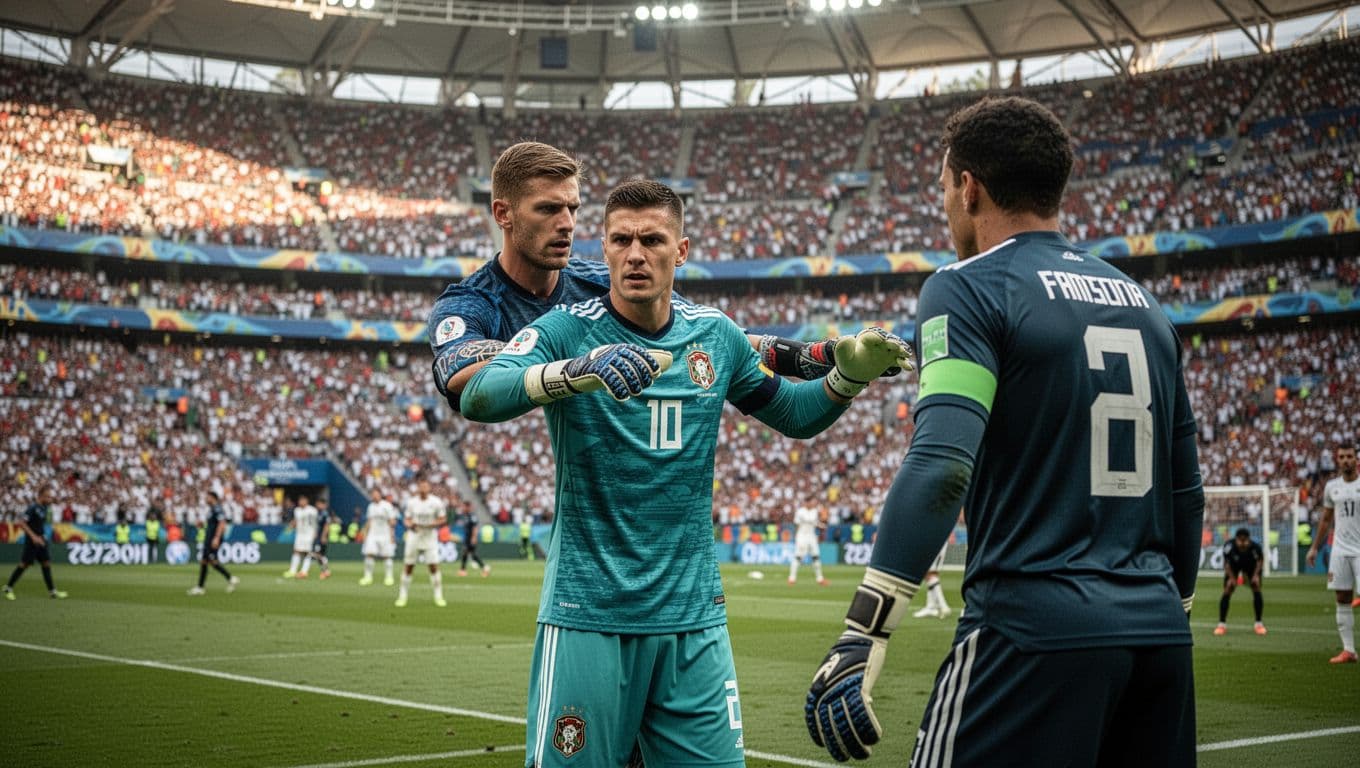 Seorang kiper senior berseragam timnas Cabo Verde berdiri di tengah lapangan stadion, memberikan arahan taktis yang tegas kepada pemain belakangnya. Suasana lapangan sangat hidup dengan pencahayaan alami di bawah terik matahari.